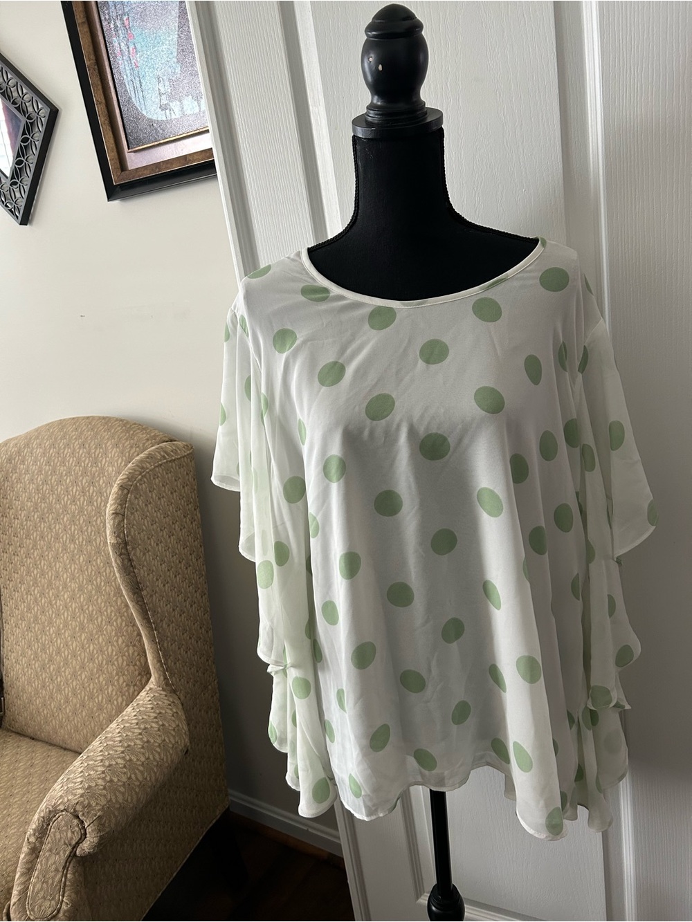 SHEIN White Tunic with Light Green Polka Dots